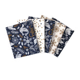 Metallic Christmas Fat Quarters Fabric Pack of 5 Christmas Doves, Snowflakes, Sprigs, Holly Plant